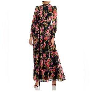 Aqua Black Floral Maxi Dress with Pink & Green Accents